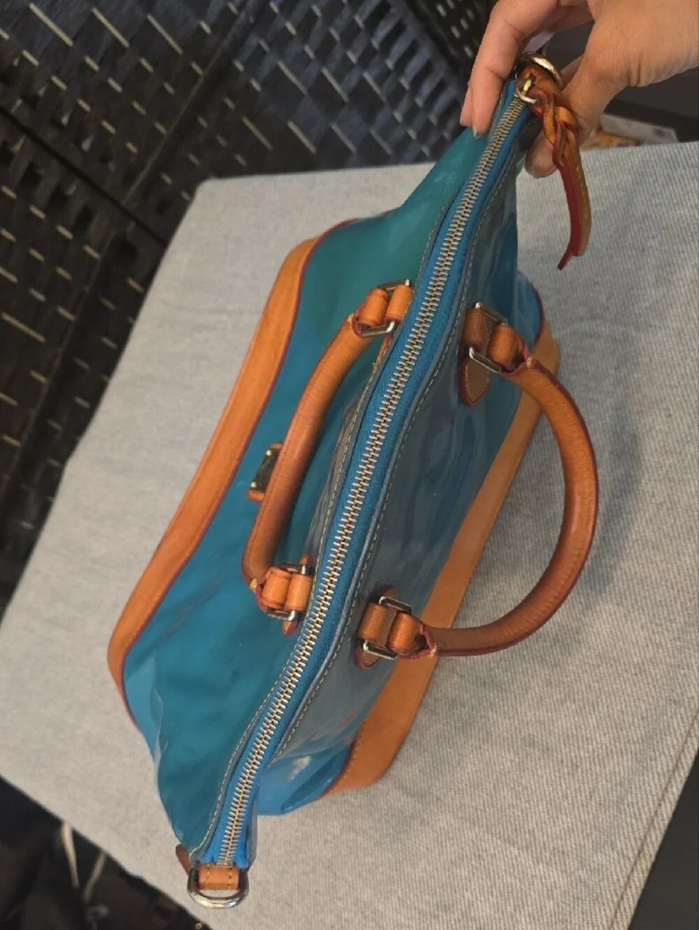 Dooney & Bourke Teal Patent Leather Zip Zip Domed Satchel Bag, Needs Cleaning